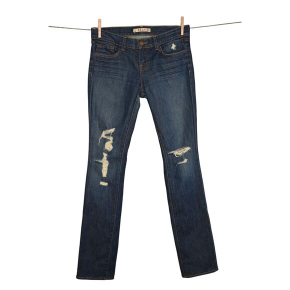 J‎ BRAND $228 Dark Wash Low Rise Distressed Skinny Stretch Denim Jean Size 26 - Picture 1 of 3